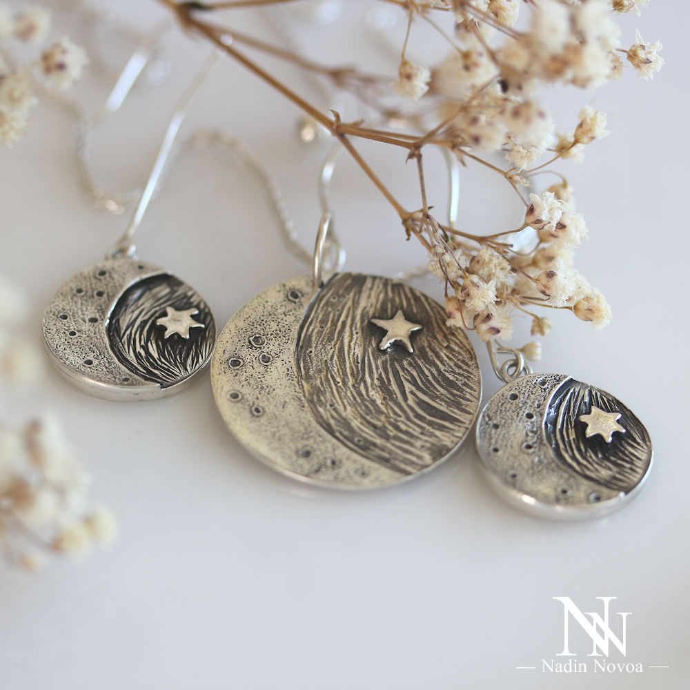 Silver moon, star and cosmos coin pendant in silver metal clay