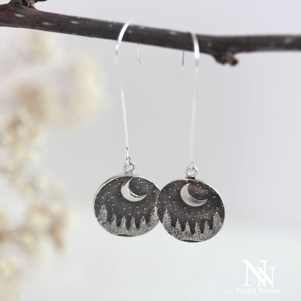 Moon and Forest Silver Earrings