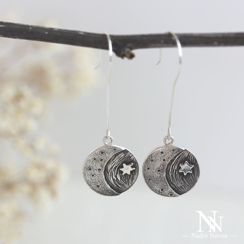 Moon, Star and Cosmos Silver Earrings